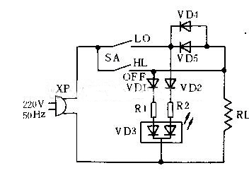 当拨转换开关sa至lo档时,220v市电通过二极管vd4,vd56加到到负载rl