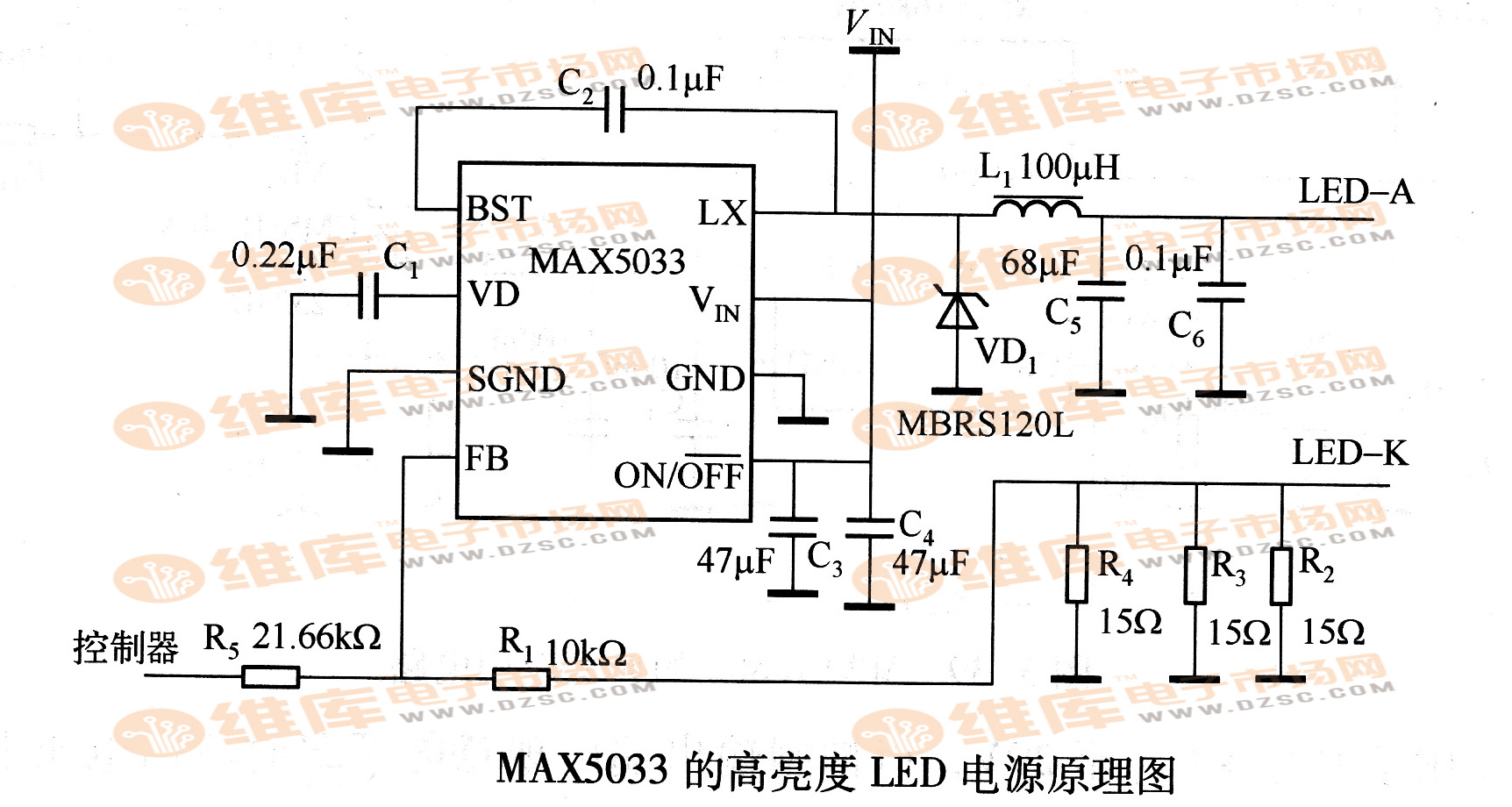 MAX5033的高亮度LED电源原理图