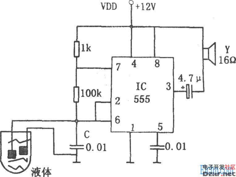 555构成的液位监控报警电路图