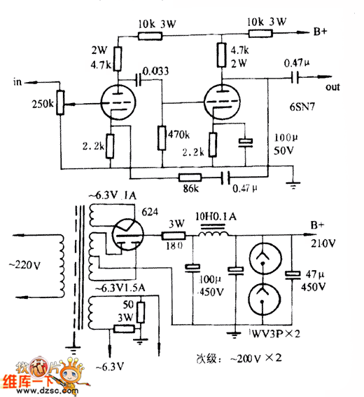 电子管,高压电源采用6z4作整流,并采用两个充气稳压管(wy3p wy3p串联)