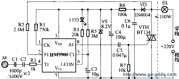 hm9900是用于楼梯走道延迟灯的专用芯片,其典型应用电路如下图所示