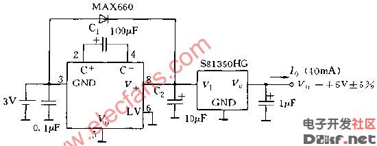 圖中是max660與s81350hg構成的升壓電路,它把3v輸入電壓變化為5v