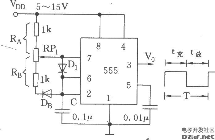 555构成的占空比可调的方波产生器电路