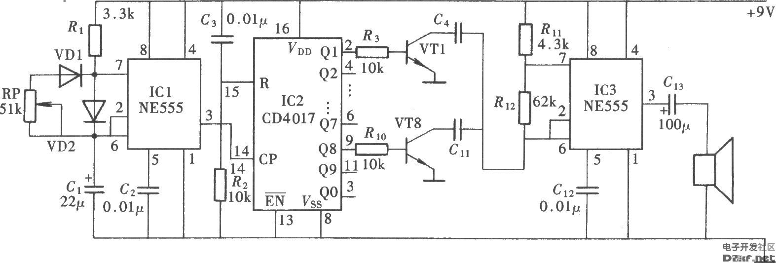 發聲特殊的音頻振盪器電路(ne555,cd4017)