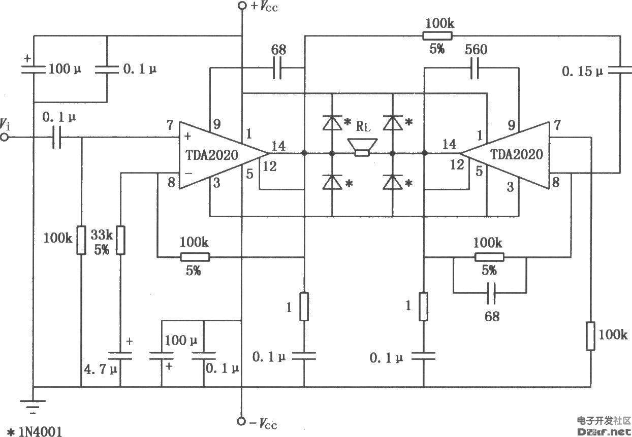 20whi—fi音頻功率放大器tda2020的btl應用電路