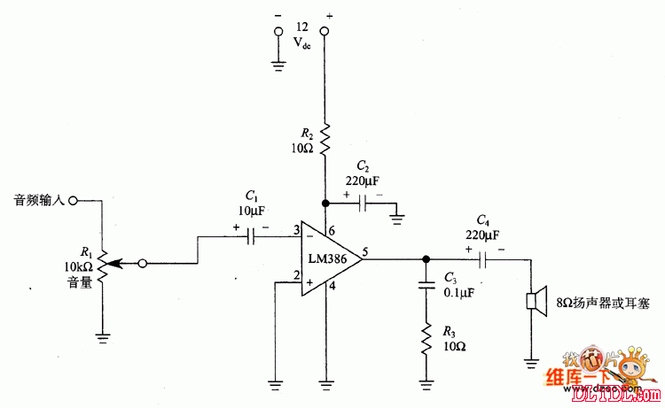 使用lm-386的音頻功率放大級電路圖_電路圖