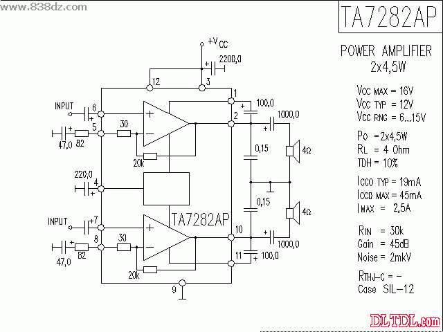 音頻電路 ta7282ap功放電路圖紙原理圖 ta7282ap功率放大器應用線路